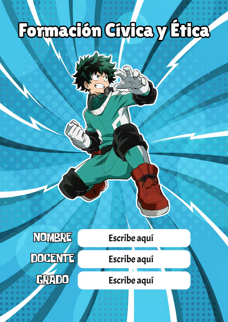Portada de My Hero Academia de Formación Cívica y Ética para cuaderno fácil de imprimir - diseño escolar moderno