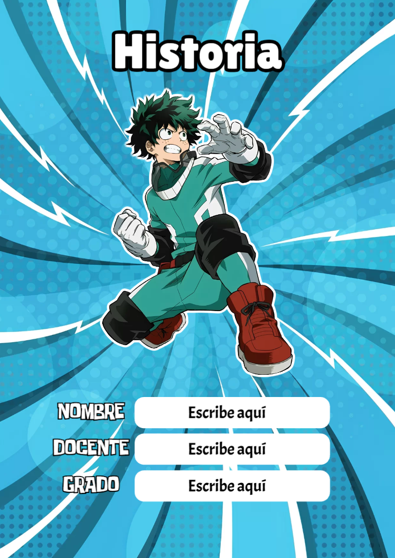 Portada de My Hero Academia de Historia para cuaderno escolar creativa - con colores vivos y llamativos