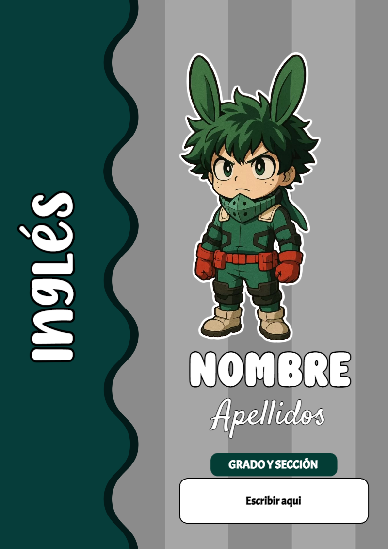 Portada de My Hero Academia de Inglés para cuaderno para clases - formato digital listo para usar