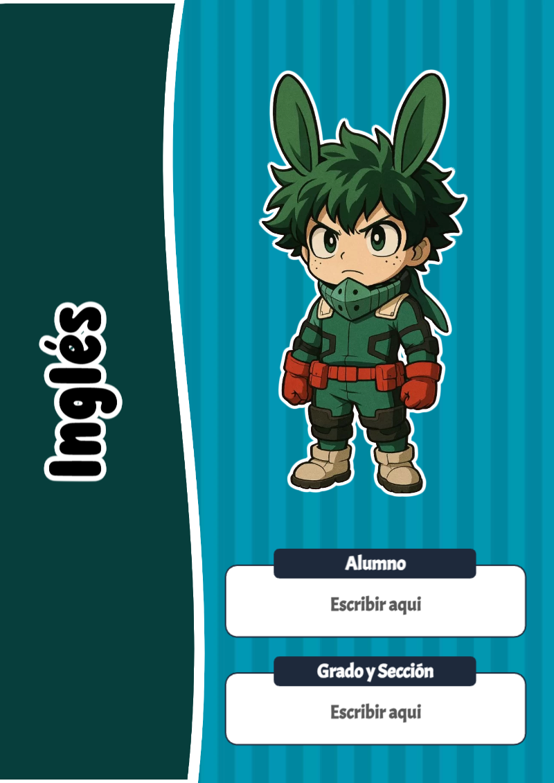 Portada de My Hero Academia de Inglés para cuaderno con diseño escolar - formato digital listo para usar