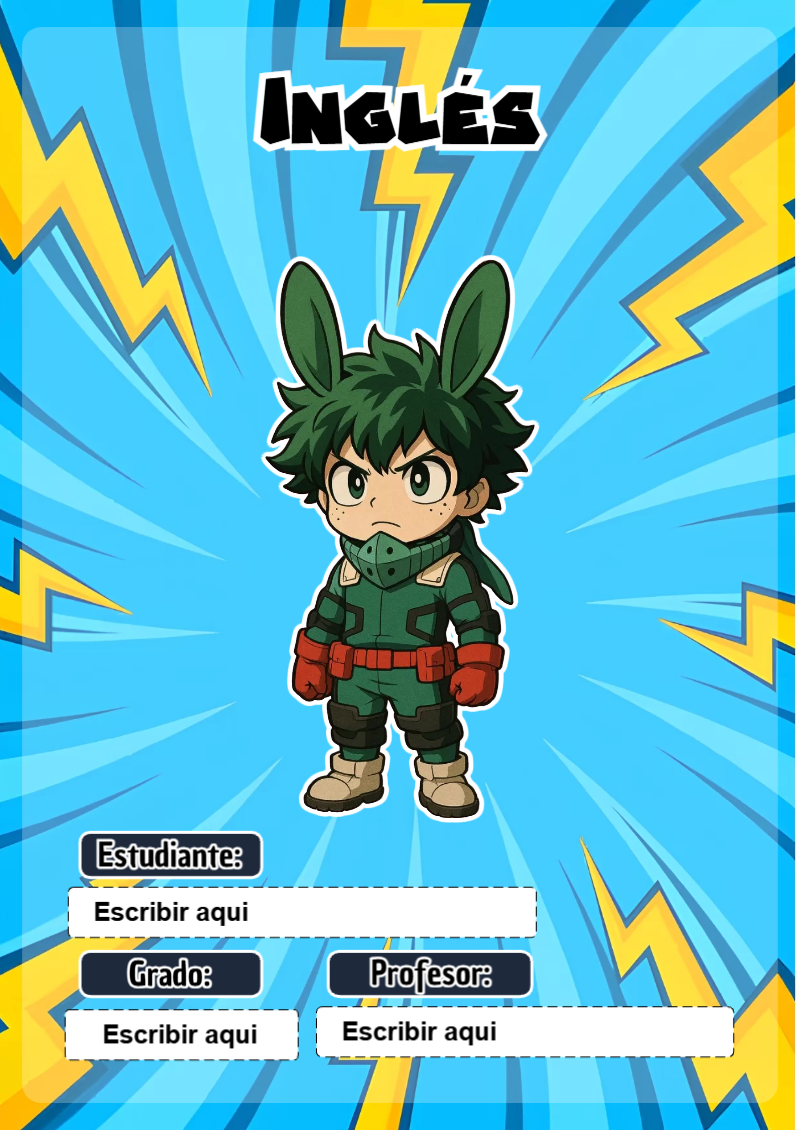 Portada de My Hero Academia de Inglés para cuaderno escolar para imprimir gratis - creación especial de Mini Canva