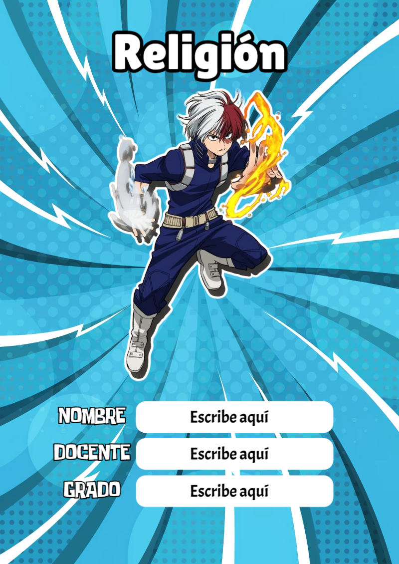 Portada de My Hero Academia de Religión para cuaderno en formato A4 - diseño escolar moderno