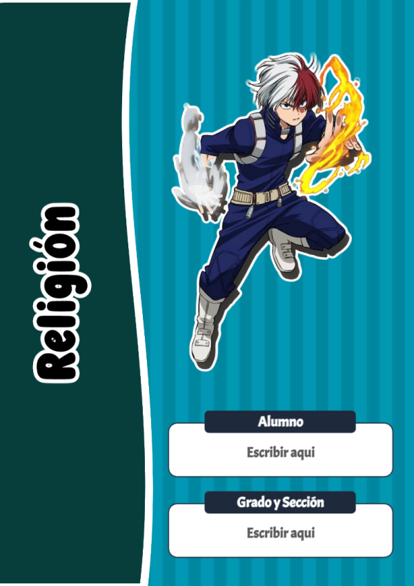 Portada de My Hero Academia de Religión para cuaderno con diseño escolar - para personalizar tus materias