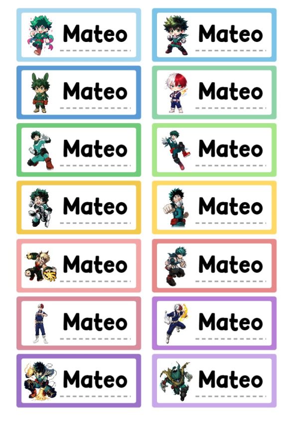 Etiquetas escolares de MY HERO ACADEMIA Escolares bonitas para imprimir - con colores vivos y llamativos