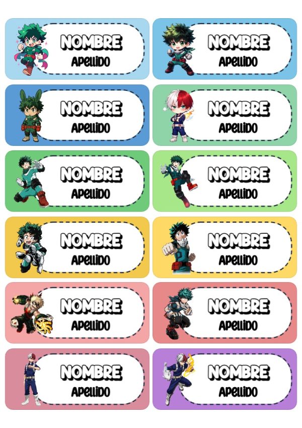 Etiquetas personalizadas de MY HERO ACADEMIA Escolares para imprimir en A4 - formato digital listo para usar