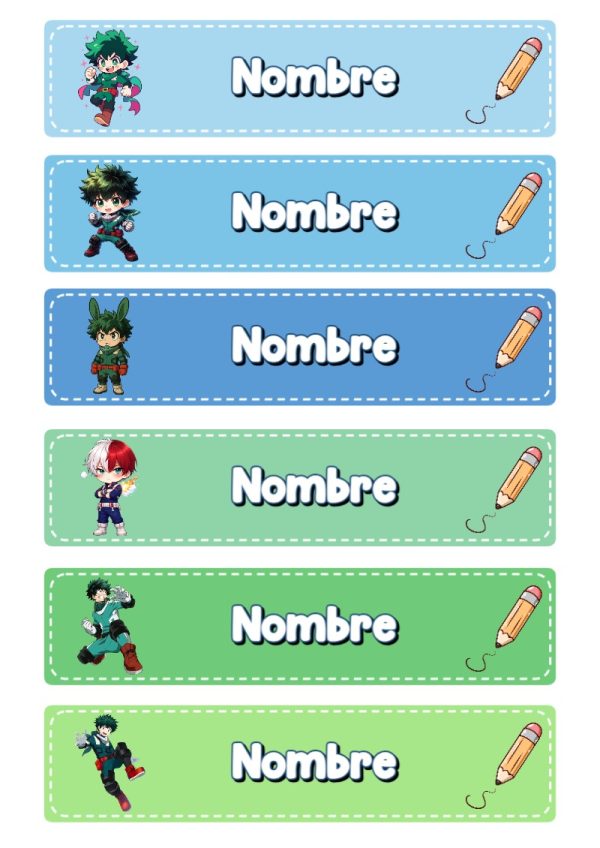 Etiquetas escolares de MY HERO ACADEMIA Escolares listas para recortar - diseño exclusivo y original