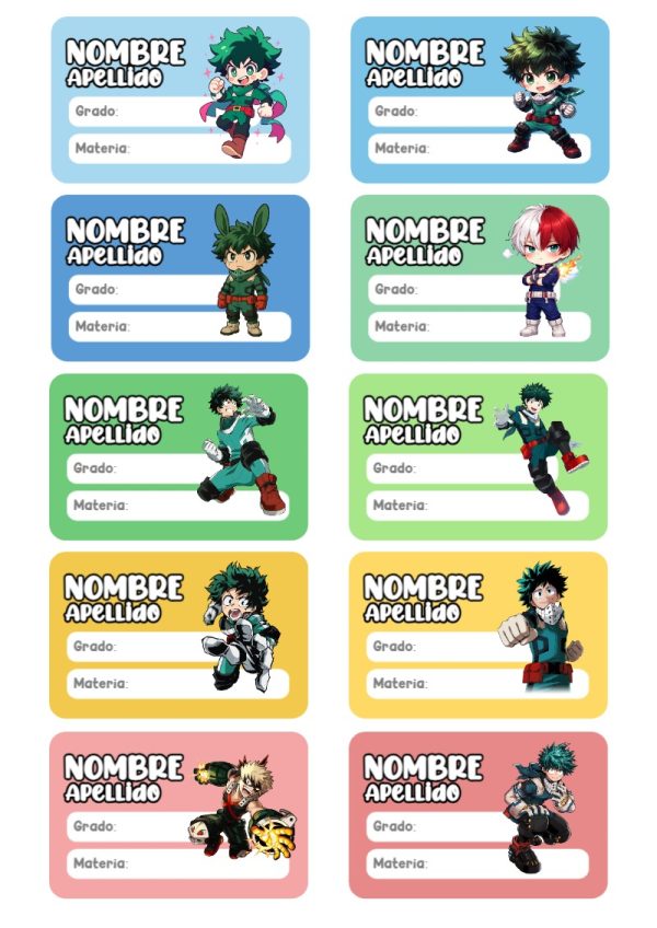 Plantilla de etiquetas escolares de MY HERO ACADEMIA Escolares para imprimir - perfecto para organizar tus apuntes