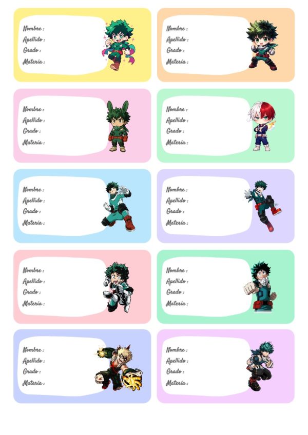 Etiquetas adhesivas de MY HERO ACADEMIA para imprimir gratis - para personalizar tus materias