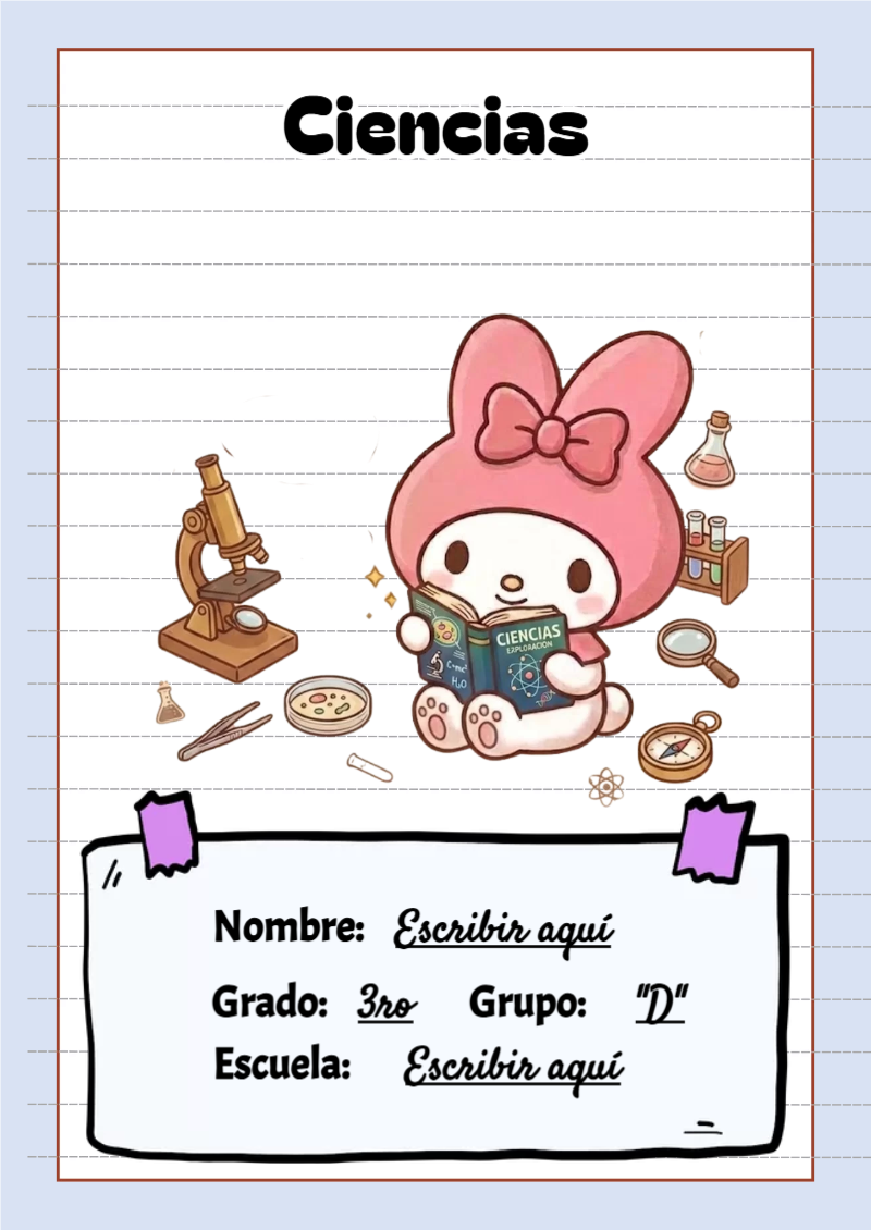 Portada de My Melody de Ciencias para cuaderno personalizada para imprimir - ideal para cuadernos de espiral
