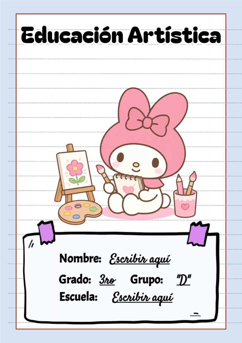 Portada de My Melody de Educación Artística para cuaderno lista para imprimir en A4 - disponible para descarga gratuita