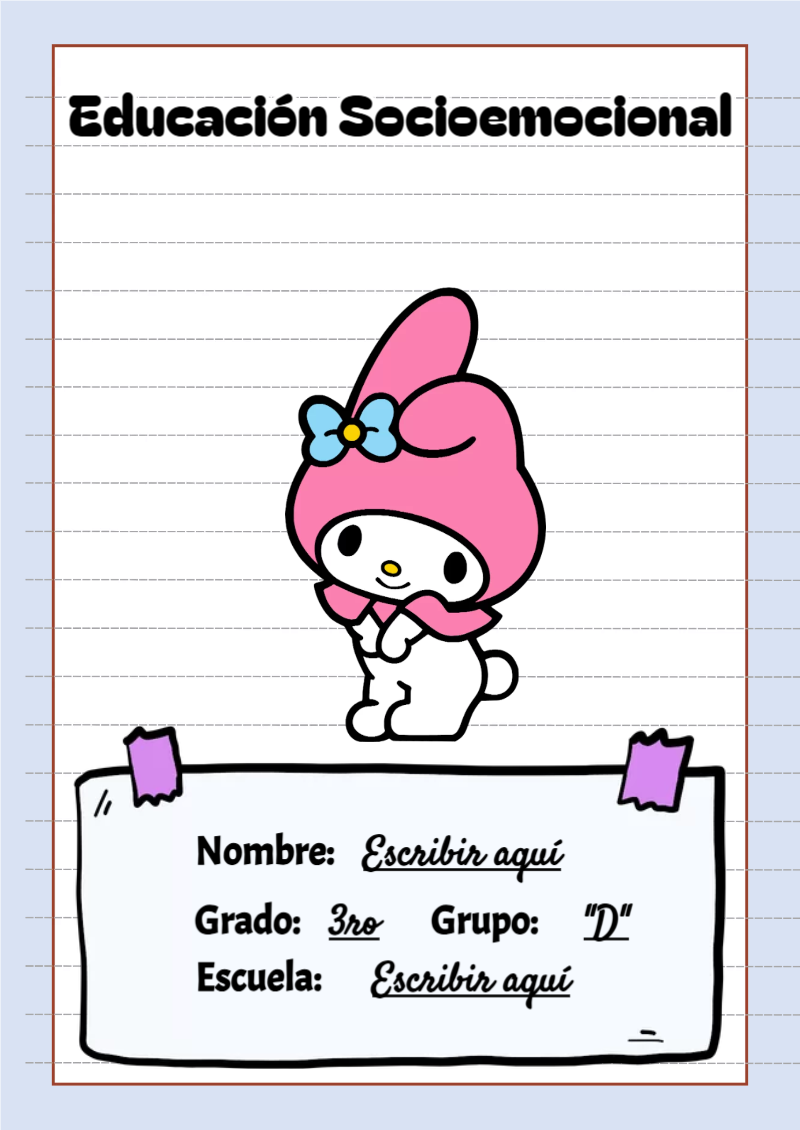 Portada de My Melody de Educación Socioemocional para cuaderno en tamaño A4 - para personalizar tus materias