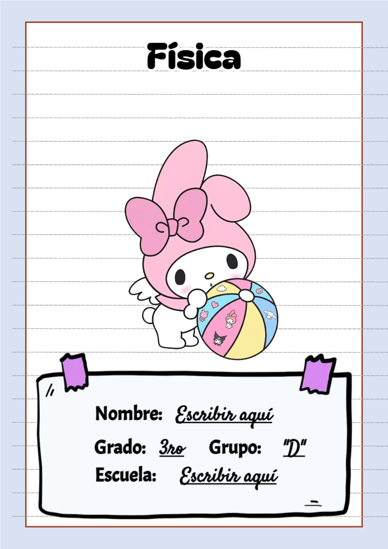 Portada de My Melody de Física para cuaderno en tamaño A4 - tendencia educativa 2026