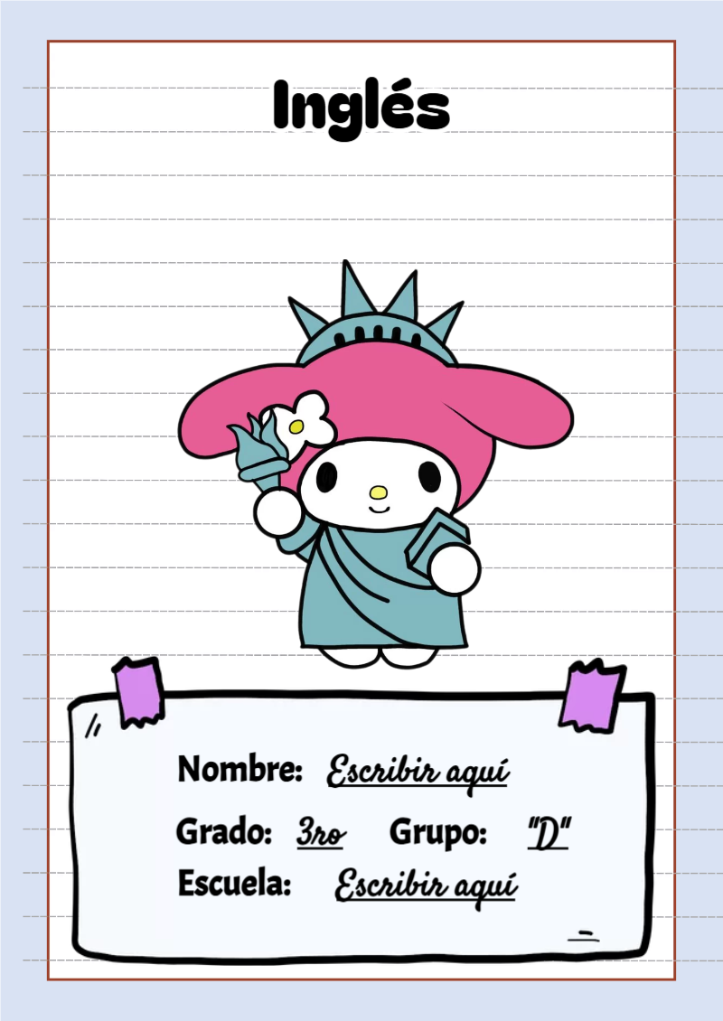 Portada de My Melody de Inglés para cuaderno decorativa y bonita - perfecto para organizar tus apuntes
