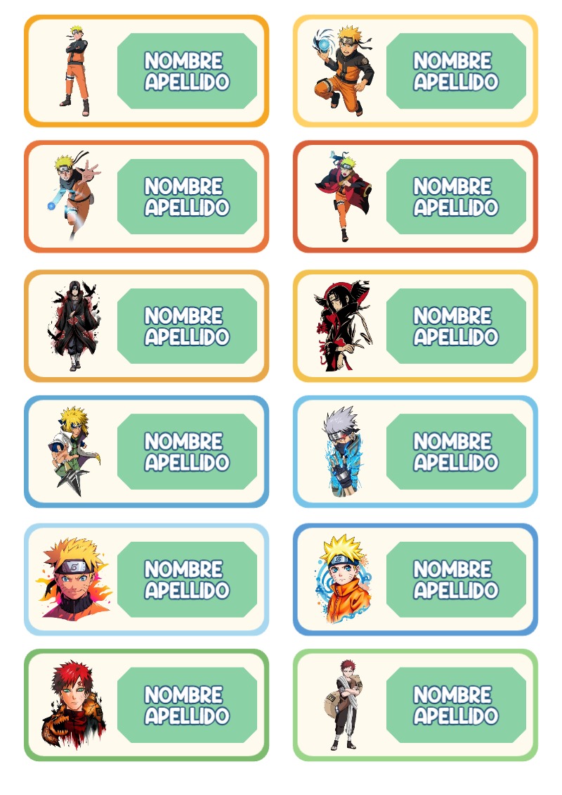 Etiquetas de Naruto para cuadernos y útiles escolares - diseño escolar moderno