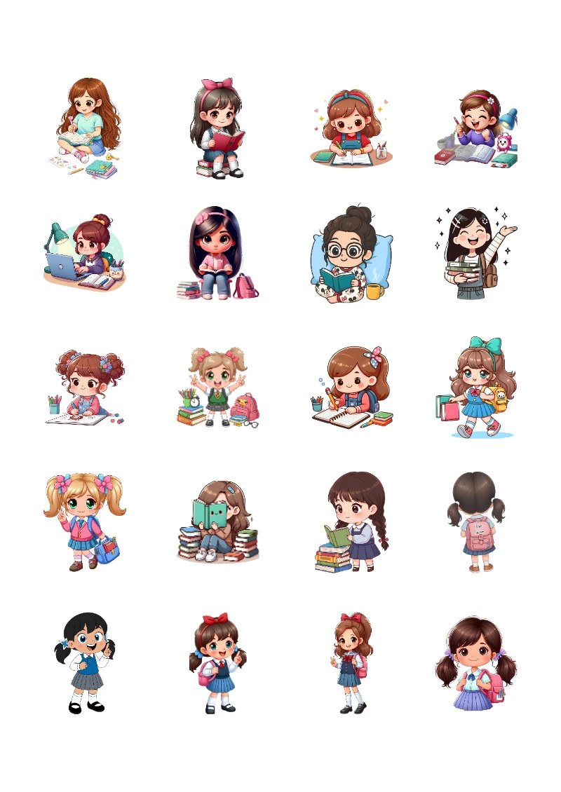 Stickers de Niñas estudiando para Imprimir Gratis y Editar (Diseño 1) para cuadernos y útiles - para personalizar tus materias
