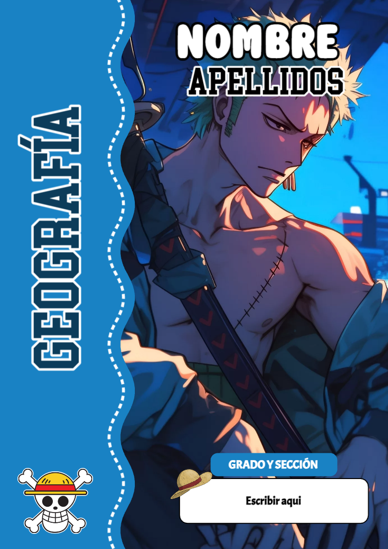 Portada de One Piece de Geografía para cuaderno en tamaño A4 - estilo único para estudiantes