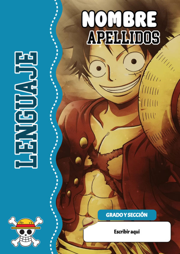 Portada de One Piece de Lenguaje para cuaderno lista para imprimir en A4 - con colores vivos y llamativos