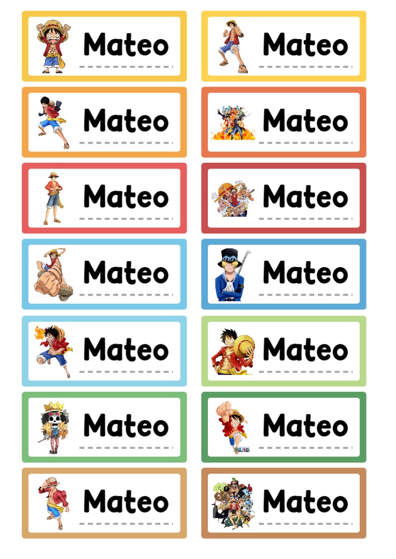 Etiquetas escolares de ONE PIECE Escolares listas para recortar - para todas las edades y grados