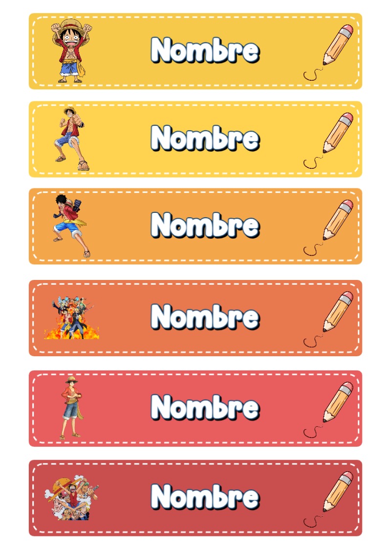 Plantilla de etiquetas escolares de ONE PIECE Escolares para imprimir - para el regreso a clases