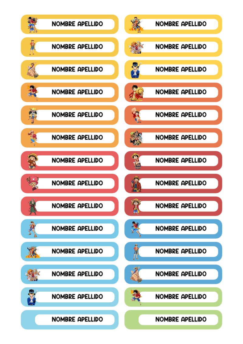 Etiquetas personalizadas de ONE PIECE Escolares para imprimir en A4 - tendencia educativa 2026