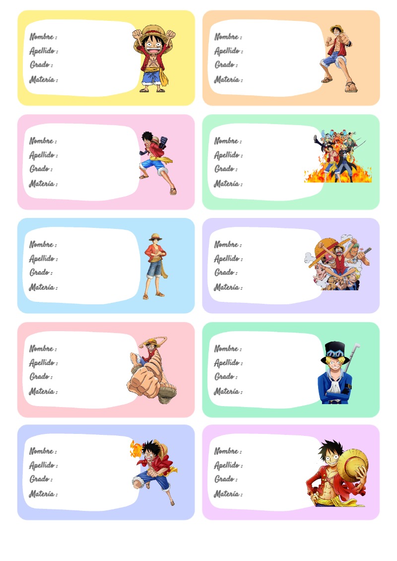 Etiquetas de ONE PIECE para primaria y preescolar - perfecto para organizar tus apuntes