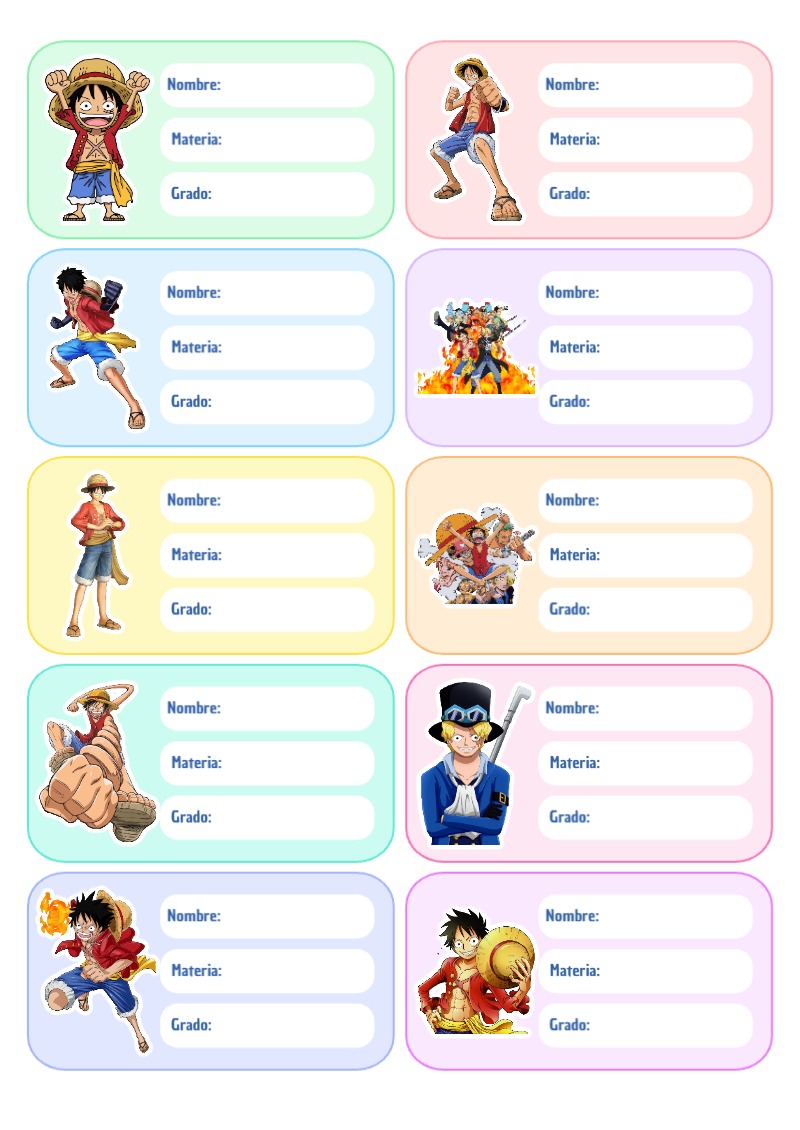 Etiquetas bonitas de ONE PIECE para el nuevo año escolar - para el regreso a clases