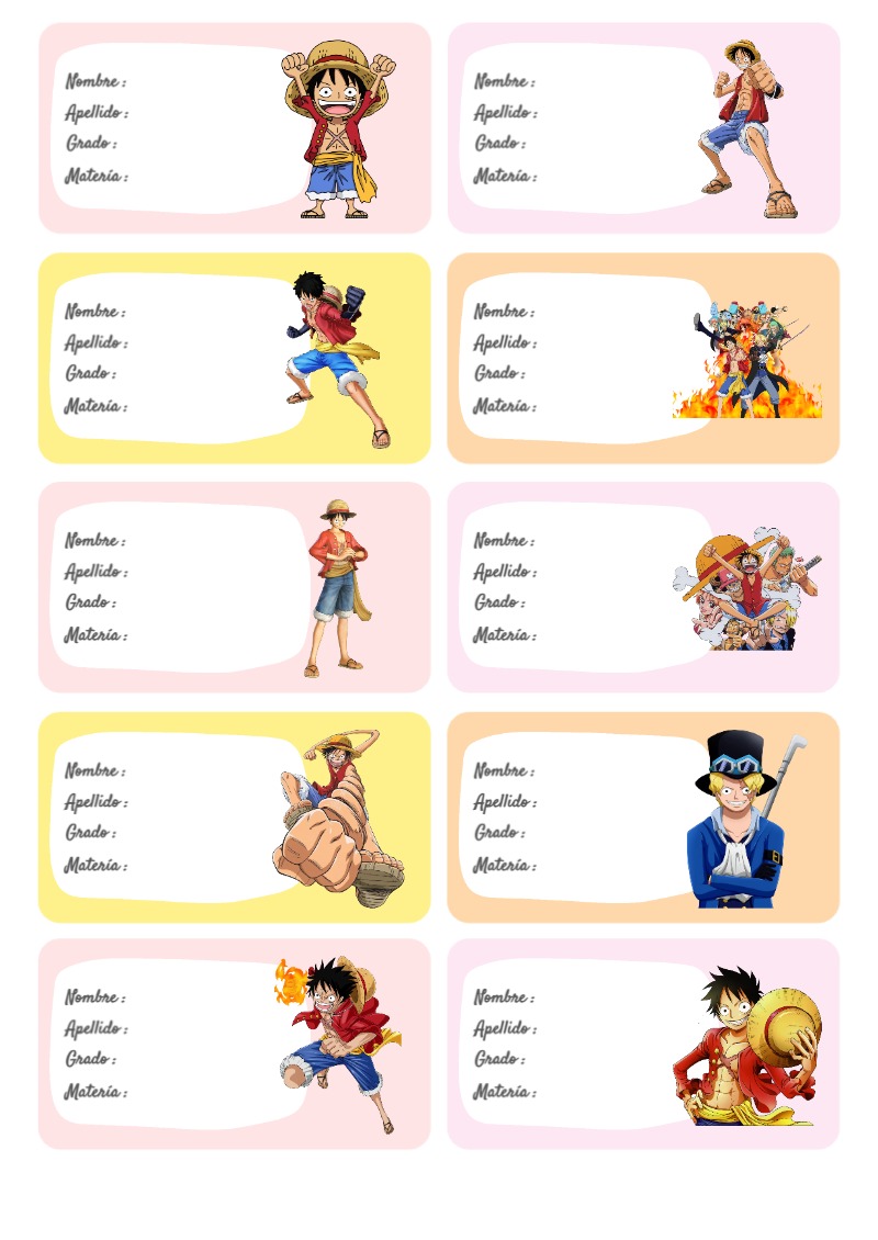Etiquetas personalizadas de ONE PIECE para imprimir en A4 - para el regreso a clases
