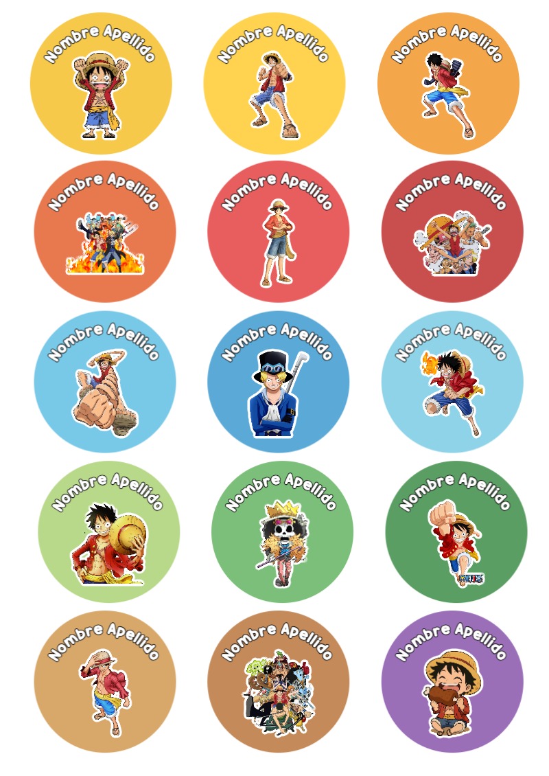 Etiquetas de ONE PIECE para primaria y preescolar - con colores vivos y llamativos