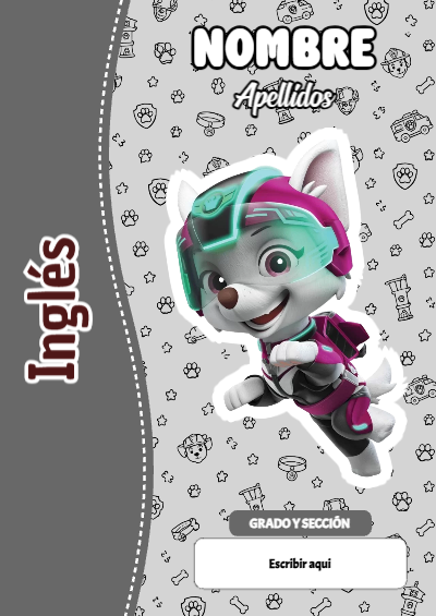 Portada de PAW Patrol de Inglés para cuaderno fácil de imprimir - con colores vivos y llamativos