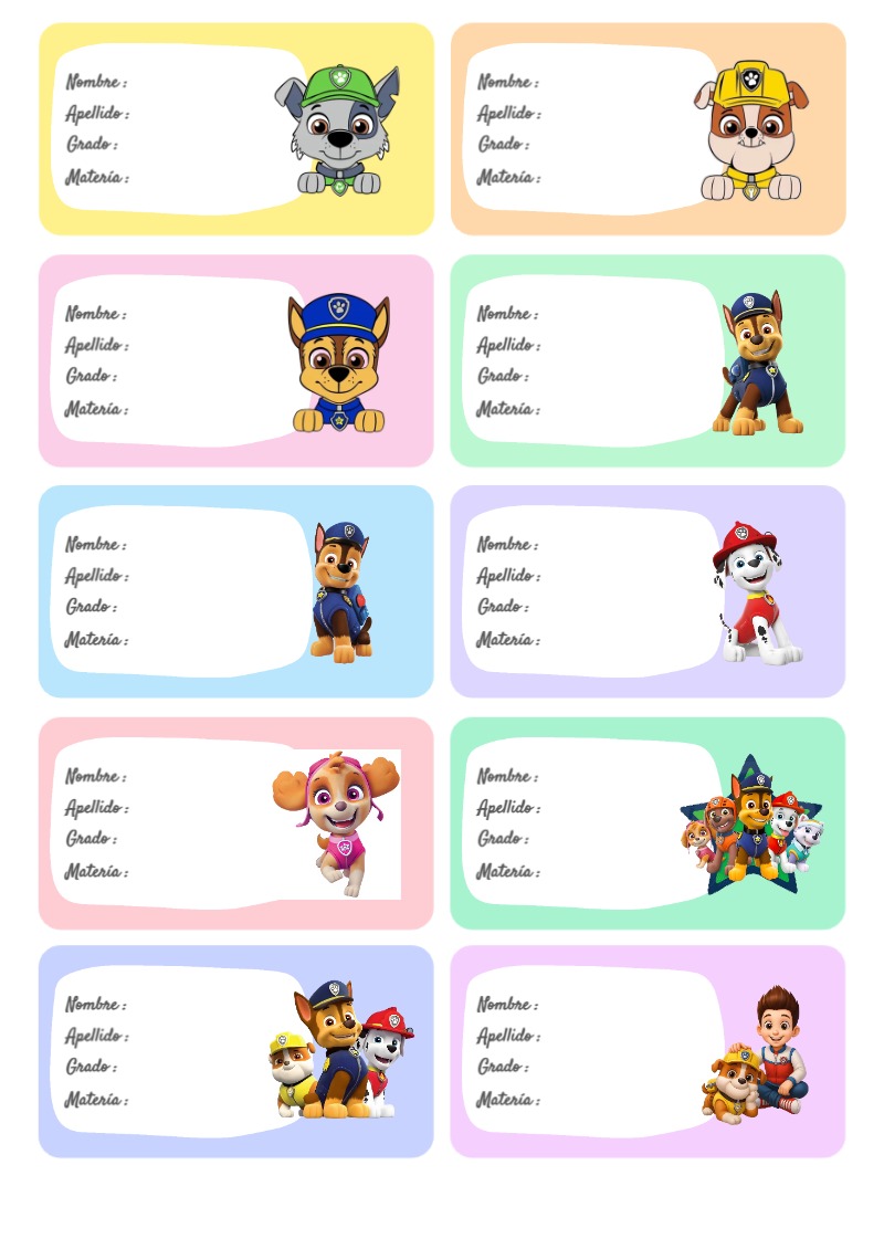 Etiquetas personalizadas de paw patrol para imprimir en A4 - creación especial de Mini Canva