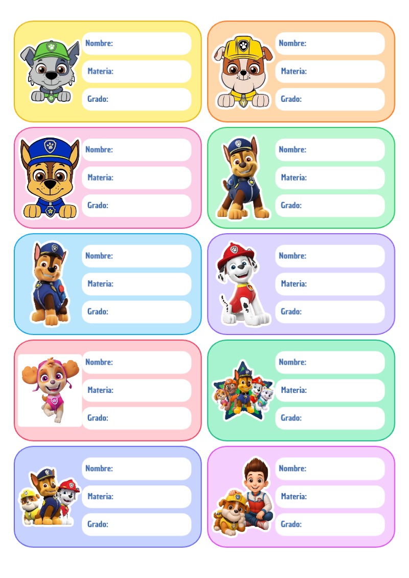 Etiquetas escolares de paw patrol listas para recortar - creación especial de Mini Canva