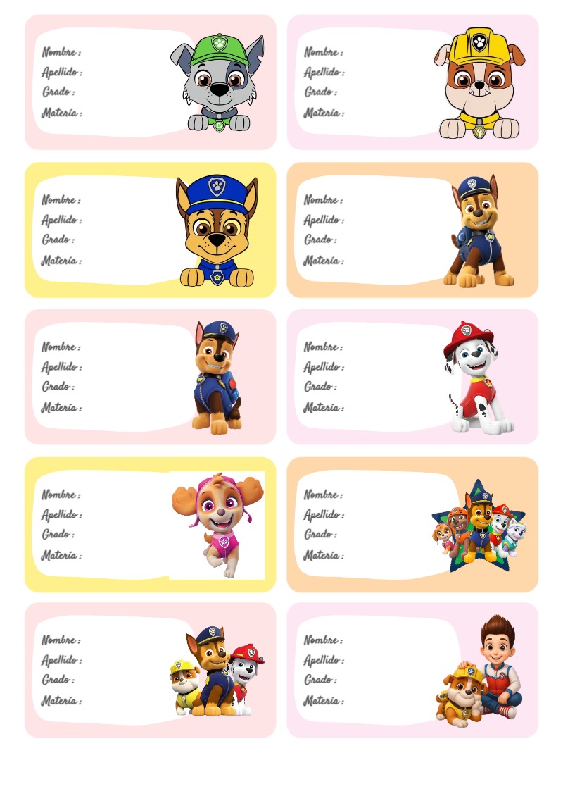 Etiquetas de paw patrol para cuadernos y útiles escolares - versión premium para imprimir