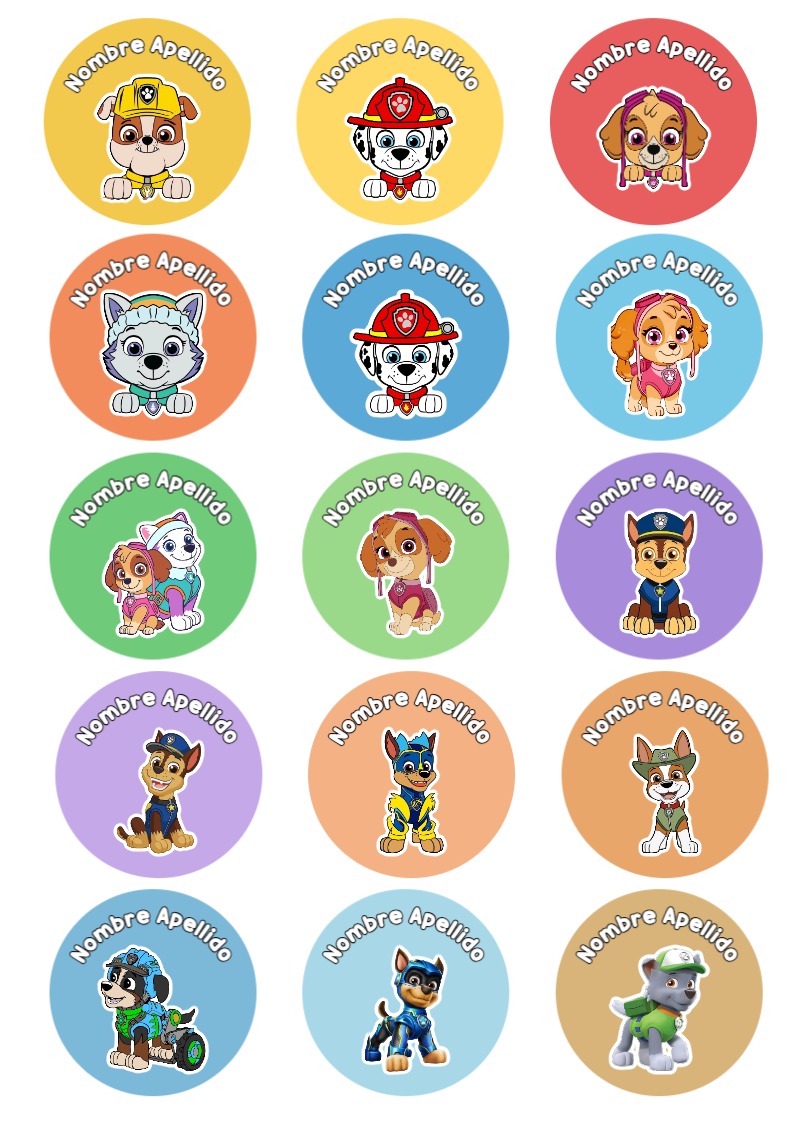 Etiquetas de Paw Patrol para primaria y preescolar - estilo único para estudiantes