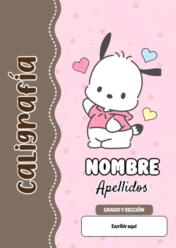 Portada de Pochacco de Caligrafía para cuaderno para clases - formato digital listo para usar
