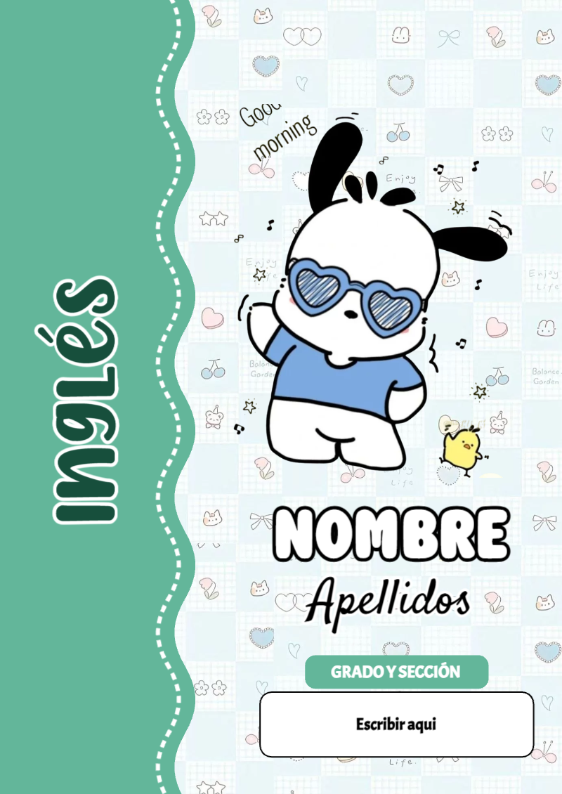Portada de Pochacco de Inglés para cuaderno llamativa y bonita - con colores vivos y llamativos