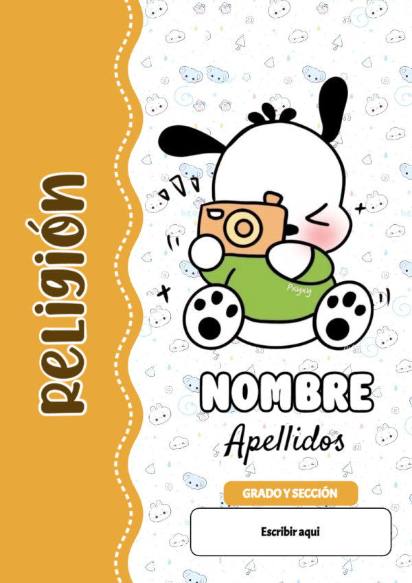 Portada de Pochacco de Religión para cuaderno decorativa y bonita - formato digital listo para usar