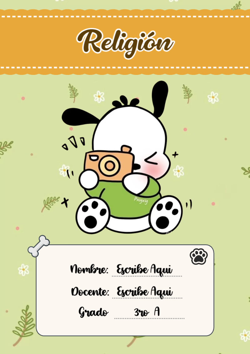 Portada de Pochacco de Religión para cuaderno con diseño bonito - para el regreso a clases