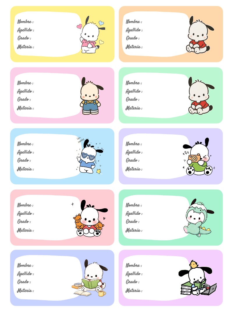 Plantilla de etiquetas escolares de Pochacco para imprimir - perfecto para organizar tus apuntes