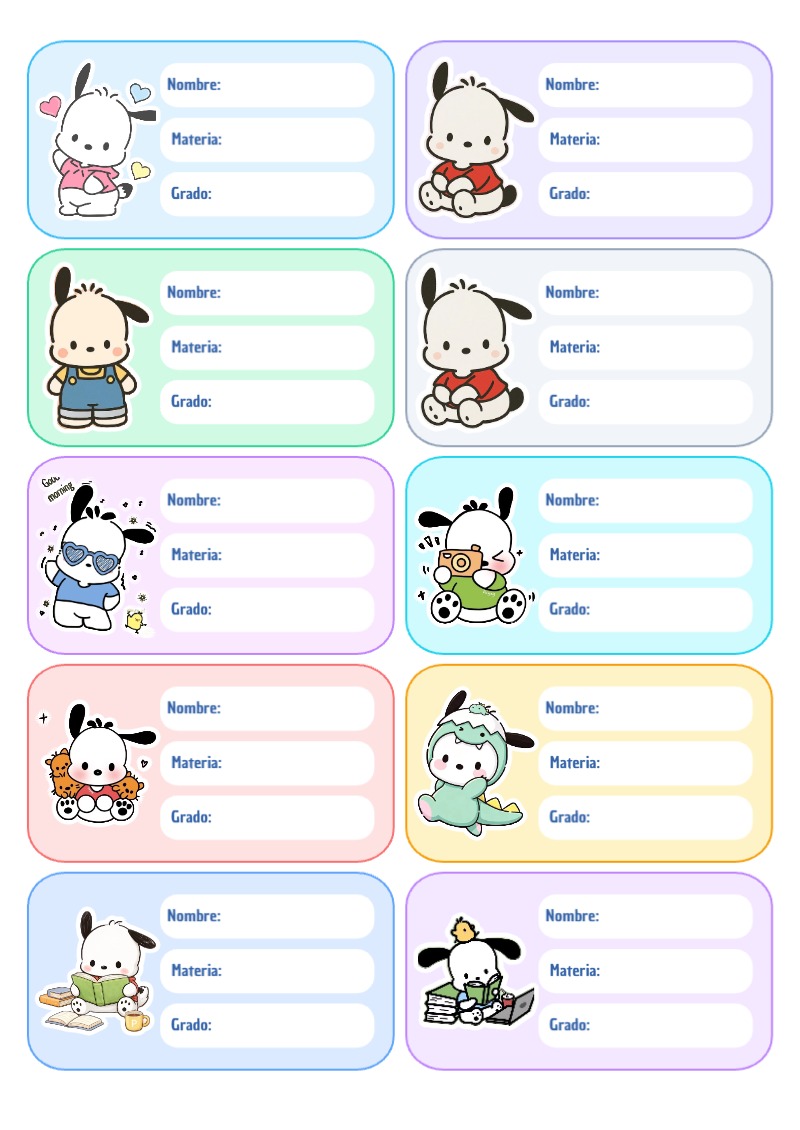Etiquetas de Pochacco para primaria y preescolar - para todas las edades y grados