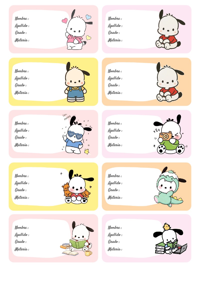 Etiquetas escolares de Pochacco bonitas para imprimir - diseño exclusivo y original