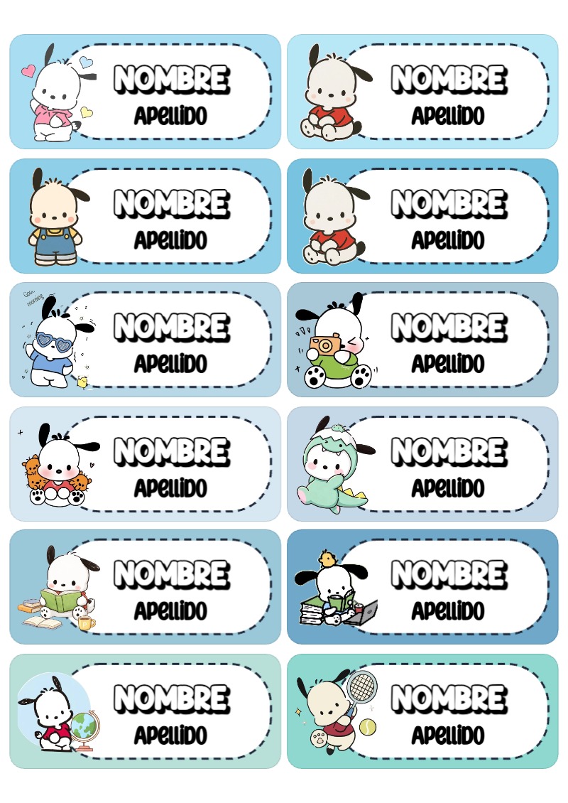 Etiquetas bonitas de Pochacco para el nuevo año escolar - formato digital listo para usar
