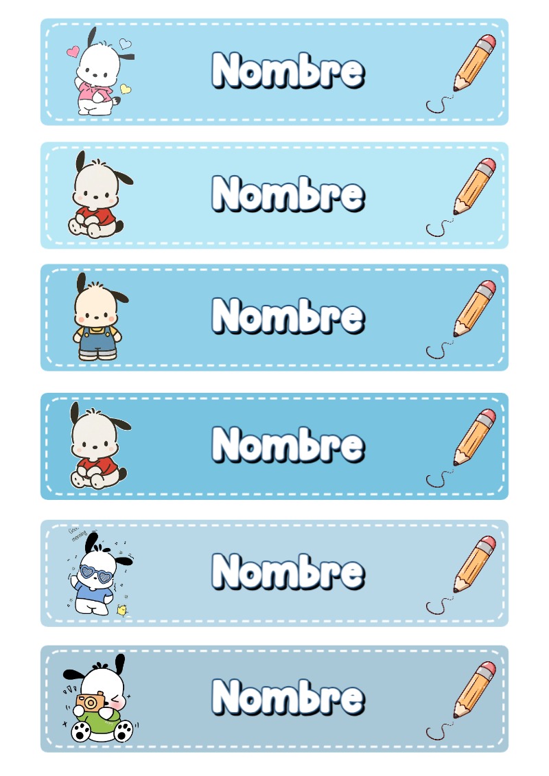 Plantilla de etiquetas escolares de Pochacco para imprimir - formato digital listo para usar