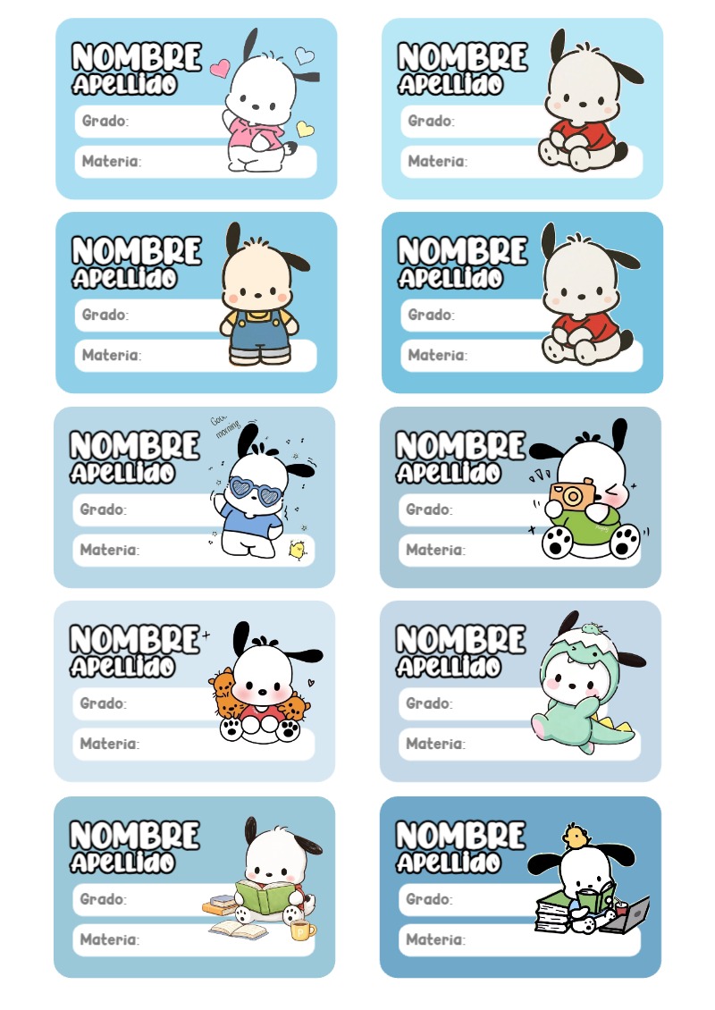 Etiquetas personalizadas de Pochacco para imprimir en A4 - para todas las edades y grados