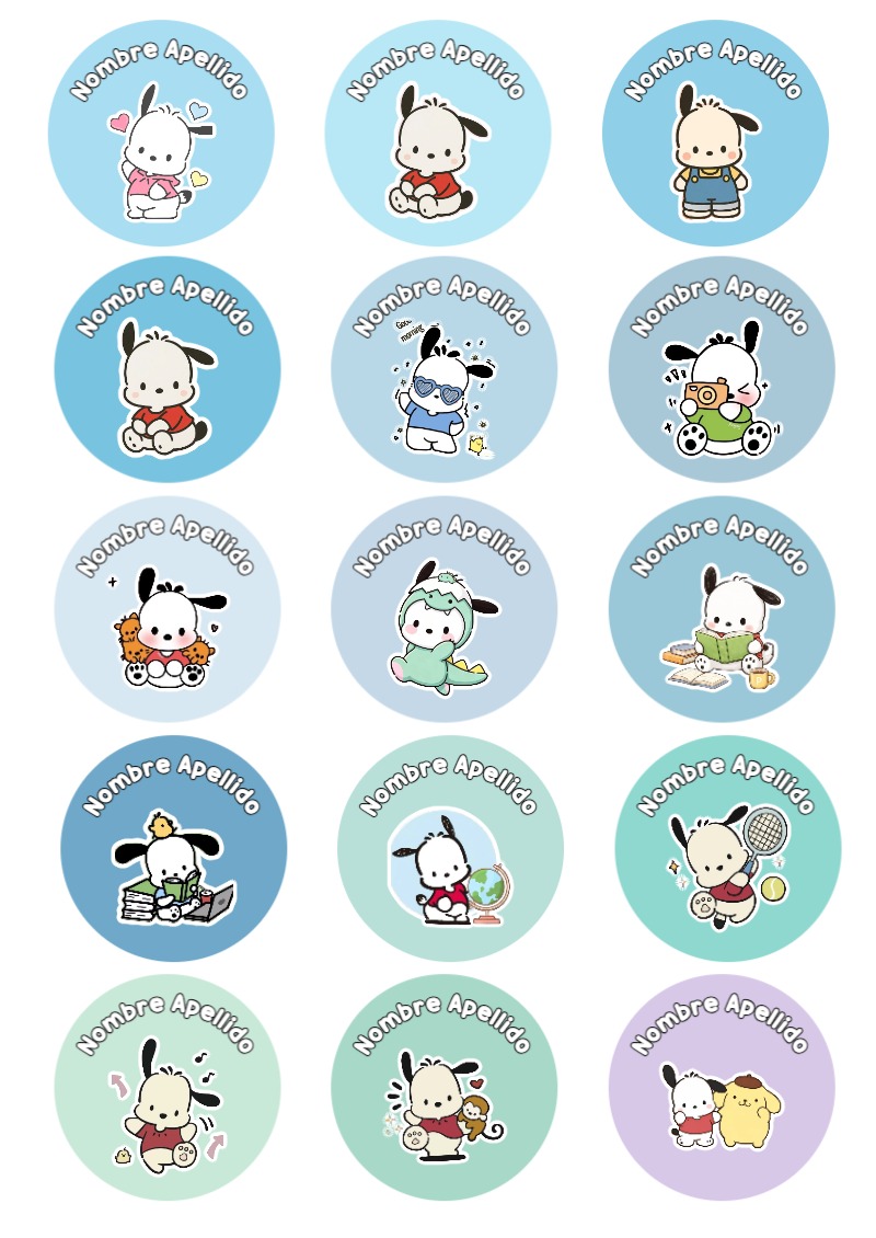 Etiquetas personalizadas de Pochacco para imprimir en A4 - para el regreso a clases