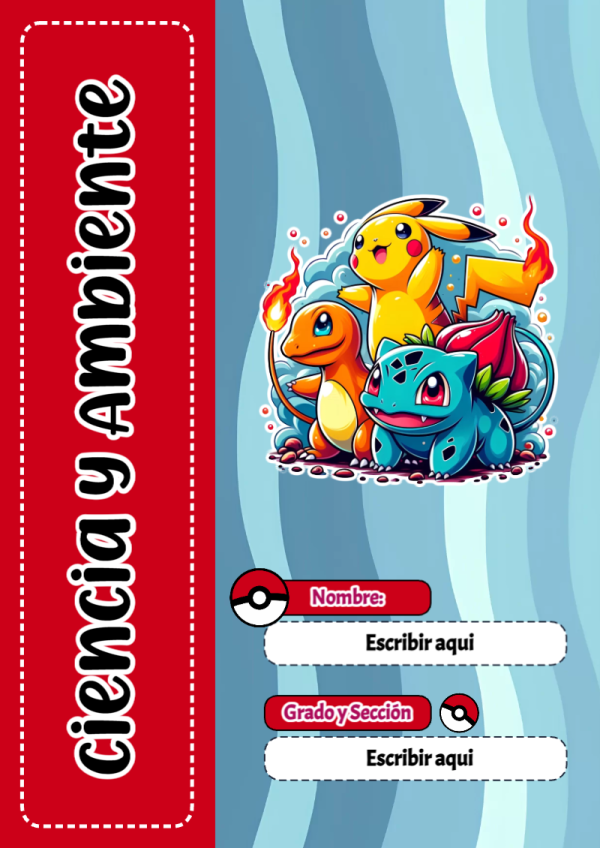 Portada de Pokemon de Ciencia y Ambiente para cuaderno personalizada para imprimir - tendencia educativa 2026