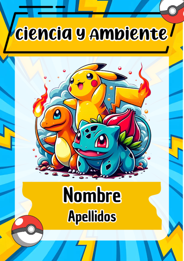 Portada de Pokemon de Ciencia y Ambiente para cuaderno para clases - con colores vivos y llamativos