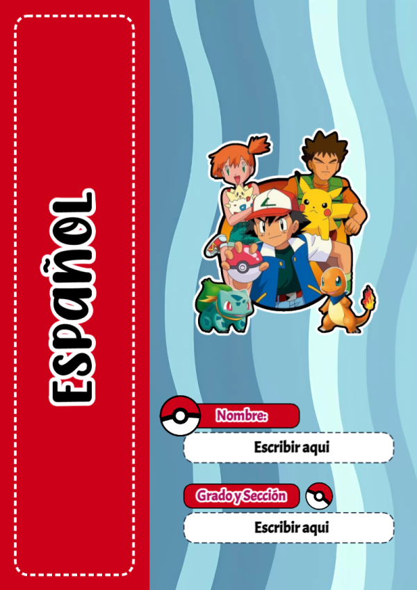 Portada de Pokemon de Español para cuaderno con diseño escolar - versión premium para imprimir
