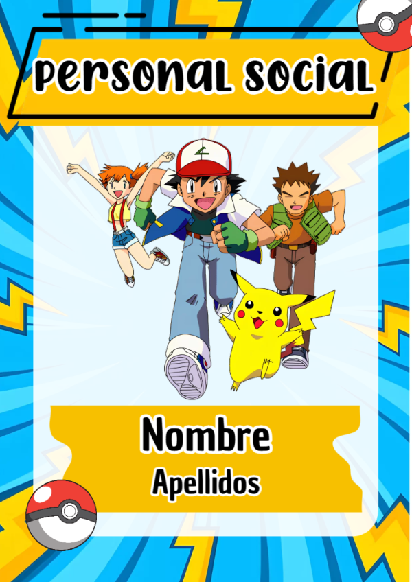 Portada de Pokemon de Personal Social para cuaderno escolar para imprimir gratis - diseño exclusivo y original