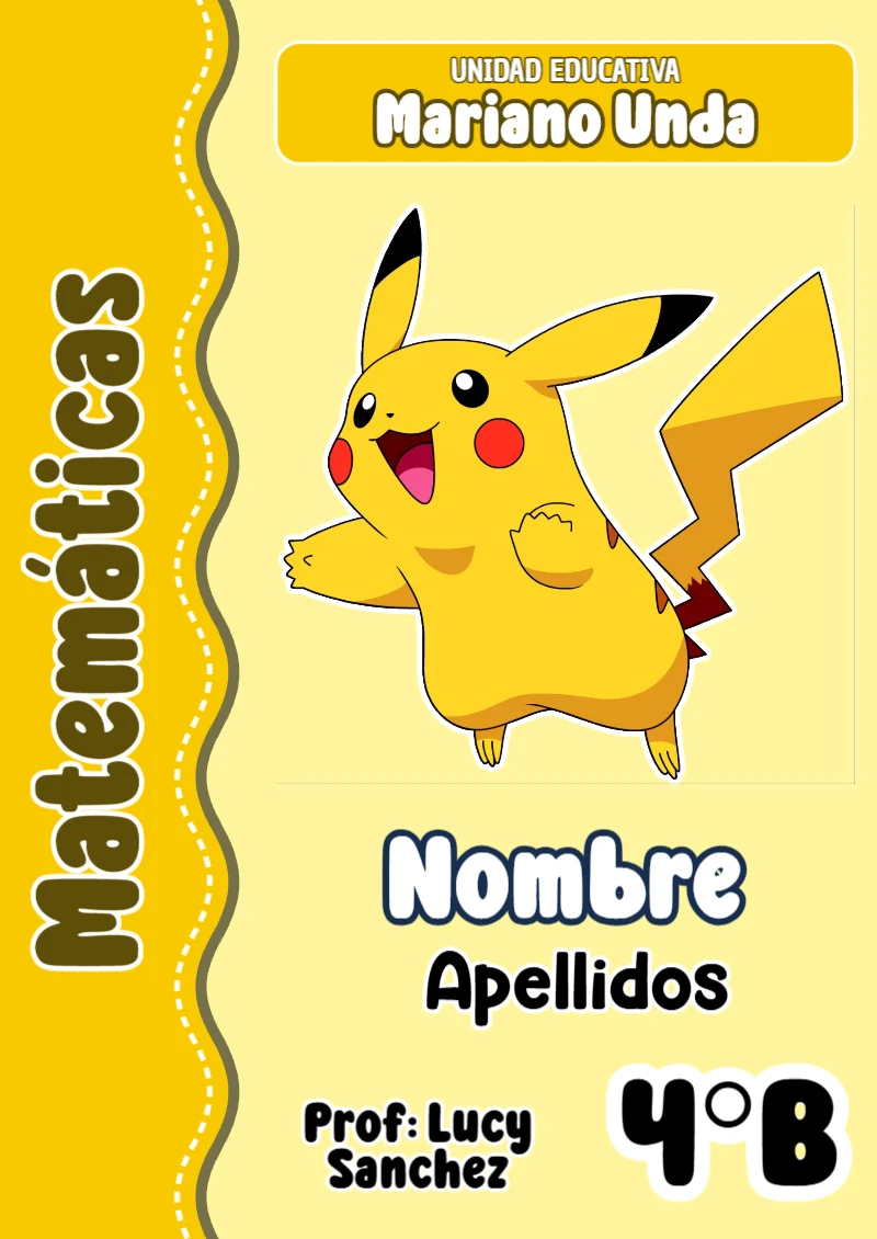 Portada de Pokemon Matemáticas para cuaderno personalizada para imprimir - con colores vivos y llamativos