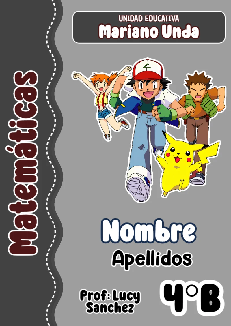Portada de Pokemon Matemáticas para cuaderno en formato A4 - con colores vivos y llamativos